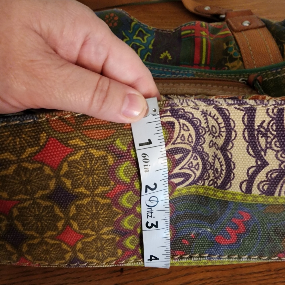 Fossil Multicolor Patchwork Canvas Shoulder Bag with Tan Leather Trim - Picture 12 of 16